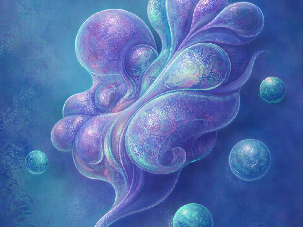 AI-generiertes abstraktes organisches Gebilde in Blau, Türkis und Violett vor tiefblauem Hintergrund