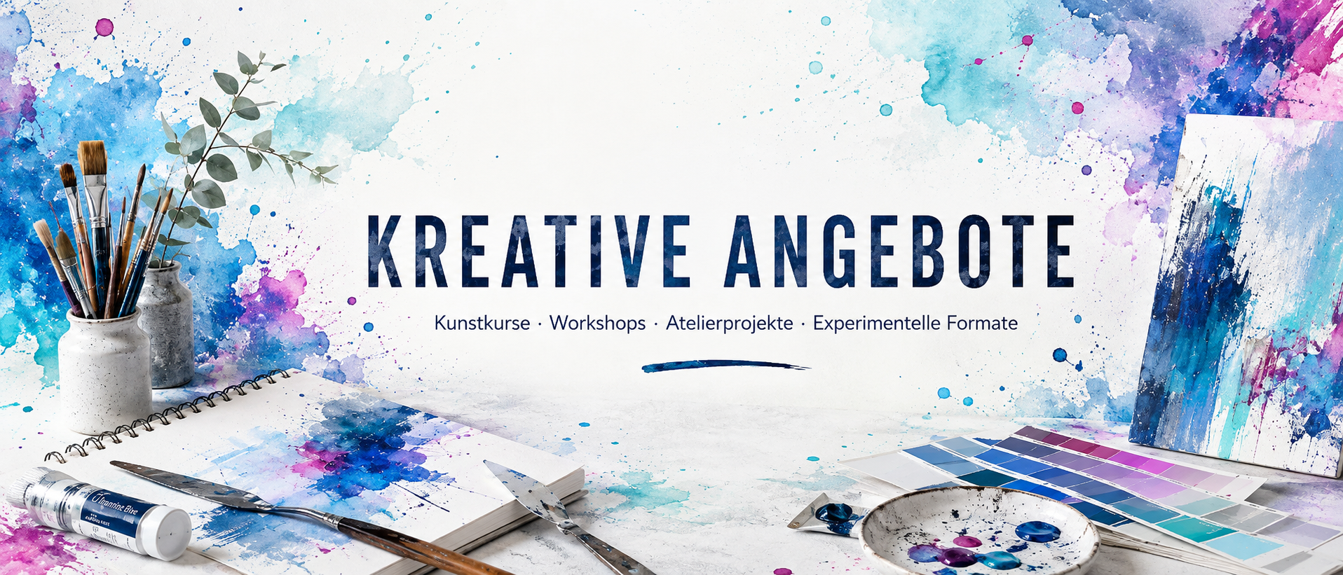 Bannerbild mit Ateliermaterialien und dem Schriftzug „KREATIVE ANGEBOTE“ für Kunstkurse, Workshops und AtelierprojekteBannerbild mit Ateliermaterialien und dem Schriftzug „KREATIVE ANGEBOTE“ für Kunstkurse, Workshops und Atelierprojekte